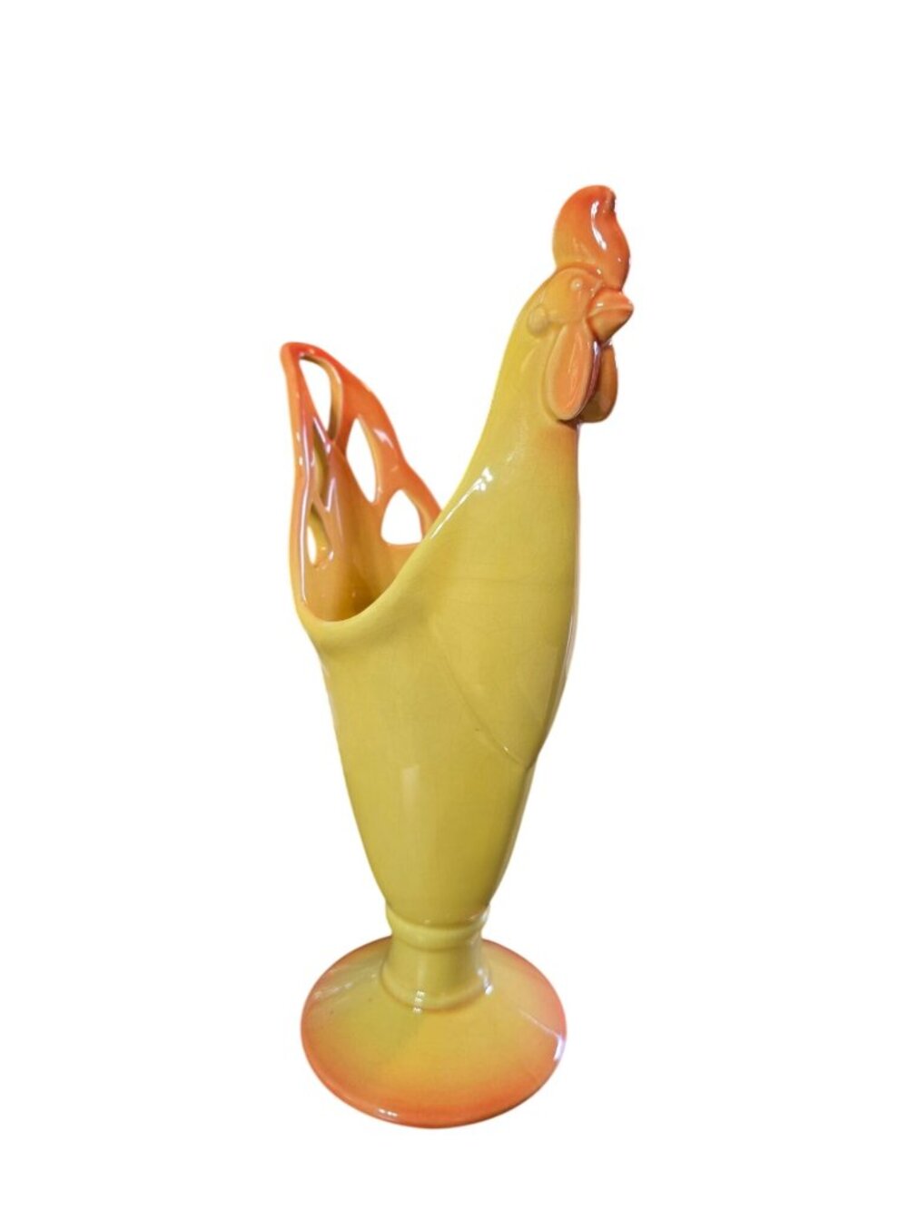 Vintage 1960's Rooster Glased Orange Yellow Ceramic Vase Figurine 13"